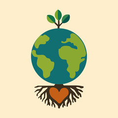 vector illustration of Earth with tree roots forming a heart shape, symbolizing environmental love and conservation. Perfect for eco-conscious campaigns, educational materials, and sustainability proj