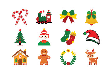 Decorative Holiday Christmas Vector Bundle with Santa, Reindeer, Ornaments, Lights, Tree and Festive Winter Elements