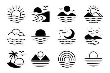 Stylized landscape vector icons with celestial elements, perfect for travel, weather, or outdoor themes. Monochrome vector icons of scenic views including mountains, water, palm trees