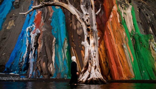 Colorful cliff face with lone figure