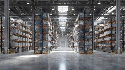 Modern warehouse interior with tall storage racks, metallic beams, polished floor, high detail photorealistic render