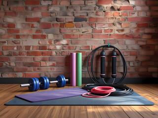 Complete home gym equipment with mats, dumbbells, and resistance bands in a minimalist space