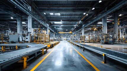 Naklejka premium Spacious industrial hall with robotic conveyor lines idle, sharp clarity, cinematic perspective