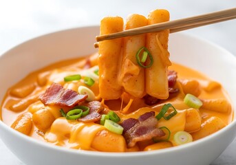 Creamy cheesy tteokbokki with bacon, garnished with green onions, being lifted with chopsticks from a bowl.