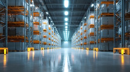 Bright polished warehouse with automated racks, clean reflective floor, futuristic industrial look