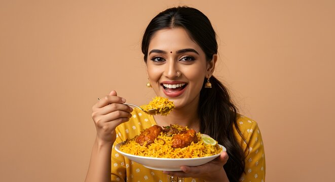 Young Woman Enjoying Delicious Chicken Biryani - Powered by Adobe