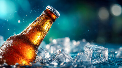 Close-up of a cold beer glass with foam and ice cubes, placed on crushed ice with a bottle in the background