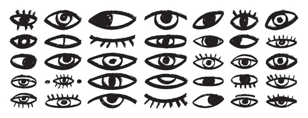 bizarre eyes hand drawn doodle brush set. Textured minimalistic grunge eyes rough collection 