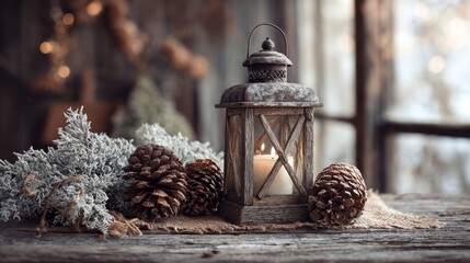 Cozy Winter Scene with Vintage Lantern and Snowy Decorations
