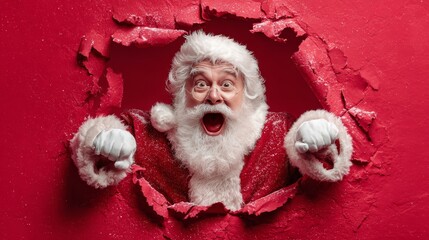 Joyful Santa Claus with Shocked Expression on Red Background