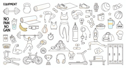 Obraz premium A cohesive set of hand-drawn, playful line art illustrations featuring fitness and gym-themed elements.