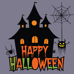 Happy Halloween Spooky Castle Illustration with Spiderwebs and Monsters