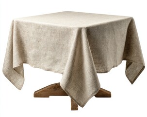 Light beige linen tablecloth draped over a wooden table