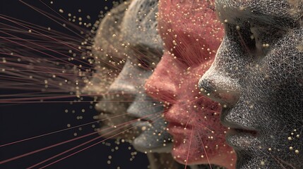 Abstract network faces displaying connectivity, data flow and individuality