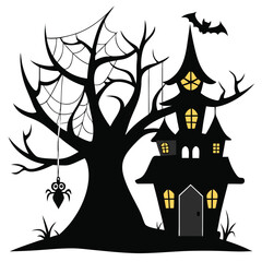 Spooky Halloween Illustration of Haunted House and Bare Tree