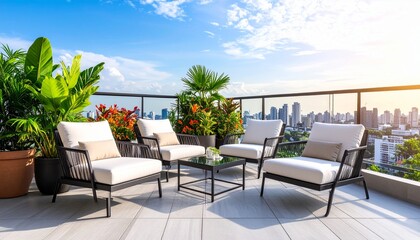Modern rooftop terrace with city skyline view and tropical plants