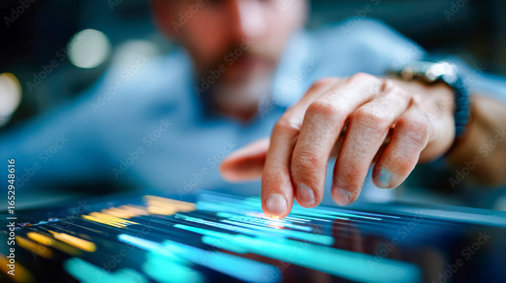 Poster man interacting with a digital chart on a touchscreen device