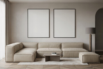 Fototapeta premium Modern minimalist living room interior with beige sofa, two blank canvases, and floor lamp.