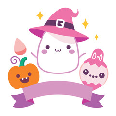 Adorable Halloween Ghost with Witch Hat Pumpkin and Candy for Cute Holiday Designs