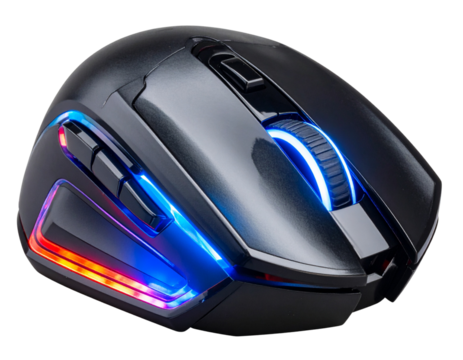 Sleek Wired Gaming Mouse Front View, RGB Lights On, isolated on transparent background