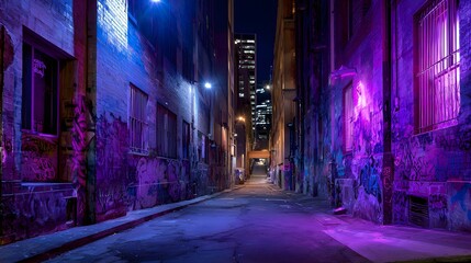 A narrow alleyway at night, bathed in vibrant purple and blue hues, showcases graffiti-covered brick walls and city lights.
