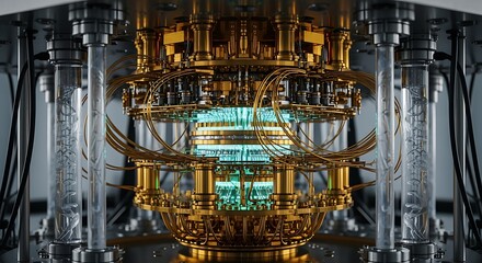 Quantum Computer Core with Glowing Energy Sphere Surrounded by Metallic Components and Wires in Futuristic Lab
