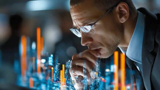 Focused Data Analyst: A keen-eyed analyst, clad in a professional suit, peers intently at a holographic display, deciphering complex data patterns in a modern, futuristic setting.