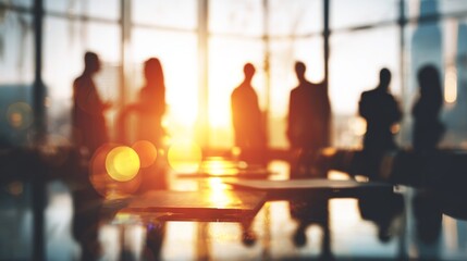 Team Collaboration Scene with Warm Golden Light Creating Dramatic Business Atmosphere