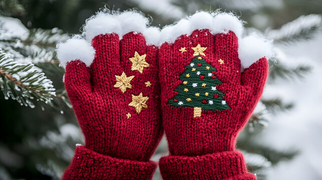 Red knitted mittens with snow, one featuring a Christmas tree and the other stars, held against a snowy winter background. - Powered by Adobe