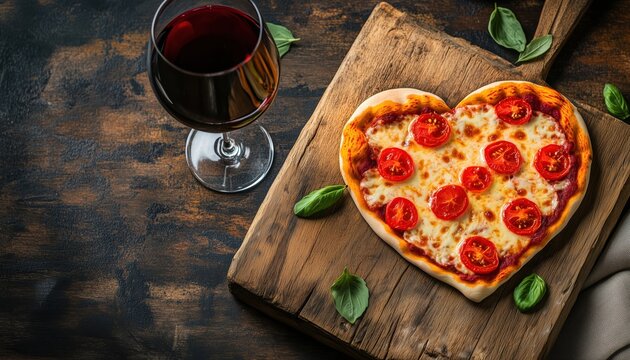 Delicious Heart-Shaped Vegetarian Cheese And Tomato Pizza With Red Wine Served On Wooden Board In Overhead Shot View
