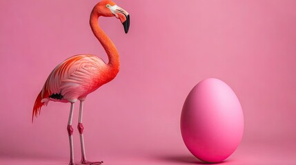 Fototapeta premium Flamingo gazes at a large pink egg against a matching pink backdrop