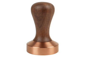 Coffee tamper with wooden handle and copper base standing on transparent background