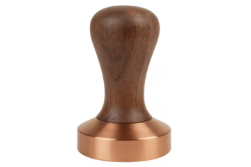Coffee tamper with wooden handle and copper base standing on transparent background