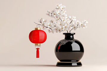 Elegant Arrangement: Red Lantern and Cherry Blossoms in a Black Vase