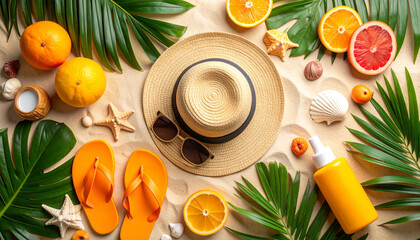 Summer beach essentials are beautifully arranged on a sandy background.