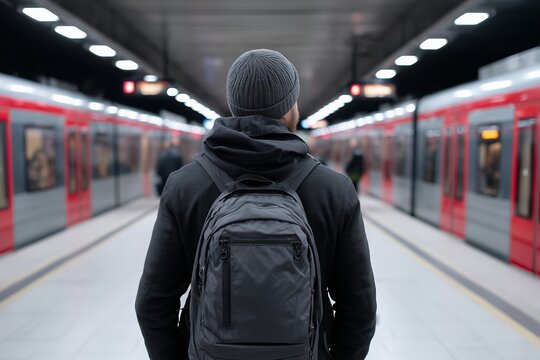 Man with backpack standing on subway platform waiting for train. Urban commuter concept for public transportation and modern city life.