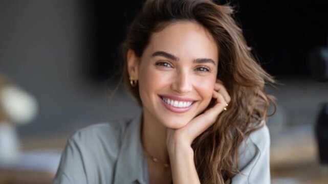 Smiling woman looking at camera during modern video shoot. Positive lifestyle, confident business portrait, influencer content creation, and authentic personal branding scene.