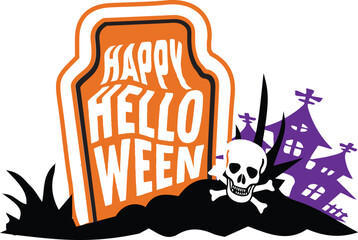 Happy Halloween Graveyard Illustration, Spooky Skull and Haunted House, Orange Tombstone with Hand-Drawn Text, Vector Holiday Graphic, High-Quality Stock Art.