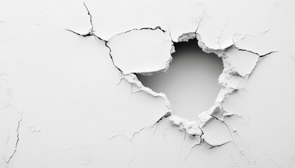 Obraz premium Old Cement Wall With Cracks And A Hole, Displaying White Cracked Concrete. Weathered And Decayed Ure Cement Wall With Defects.