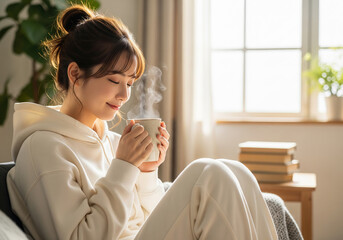 休日の朝、自宅でくつろいでコーヒーを飲む女性