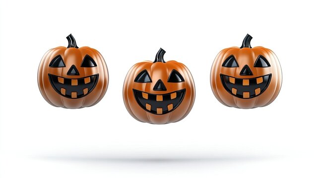 Three Smiling Halloween Pumpkins on White Background with Shadow Effect