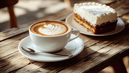 Hot Cappuccino Coffee And Cake On Rustic Wooden Table With Space For Text In A Stylish Presentation Format