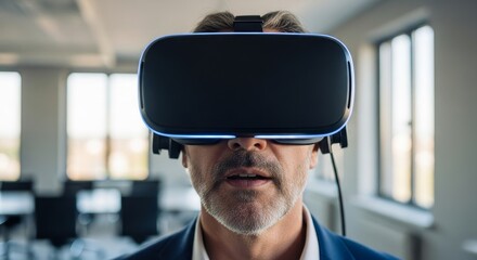 Mature businessman experiencing virtual reality technology in modern office
