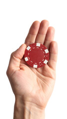 Hand delicately holding a red casino chip, ready to play or symbolize risk and reward concepts