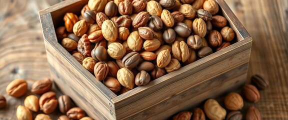 Fototapeta premium A rustic wooden box overflowing with a variety of mixed nuts, peanuts, rustic