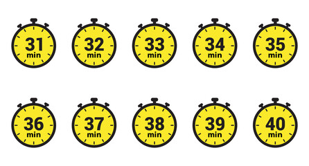31, 32, 33, 34, 35, 36, 37, 38, 39 and 40 min clock icon vector number design illustration