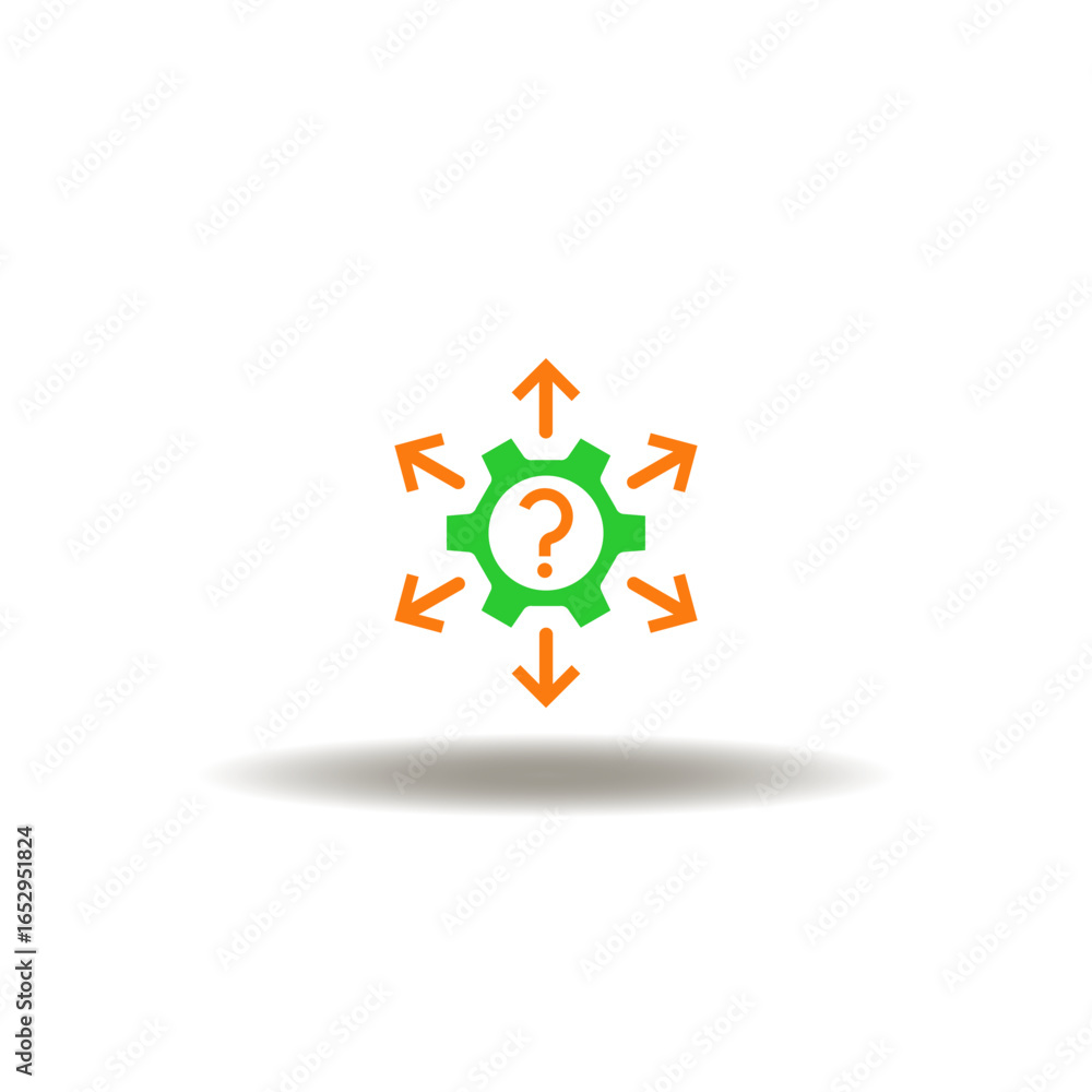 Poster vector illustration of gear wheel with question mark and arrows outside. symbol of faq questions ans