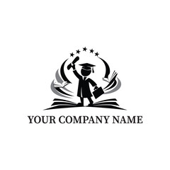 Education Logo Design with Graduate Student, Book, and Stars for School and University Branding