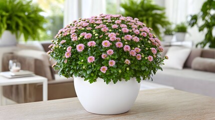 A lovely cluster of delicate pink chrysanthemum blossoms in a white planter sits on a light wooden surface, surrounded by soft, diffused natural light.