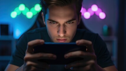 A focused gamer immersed in a mobile game under colorful lights.